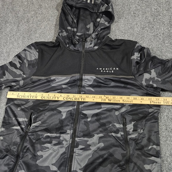 American Eagle Softshell Hoodie Jacket L Black Gray Camo Zip Front Street Dark - Picture 7 of 9